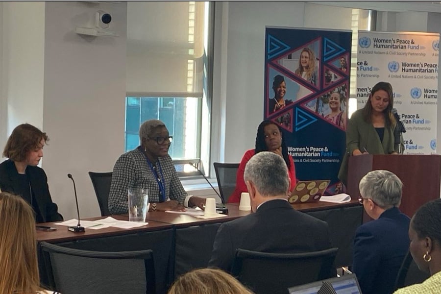 Dr. Jemimah Njuki (second from left) with women leaders and partners at a Women's Peace and Humanitarian Fund event during the Commission on the Status of Women in New York.